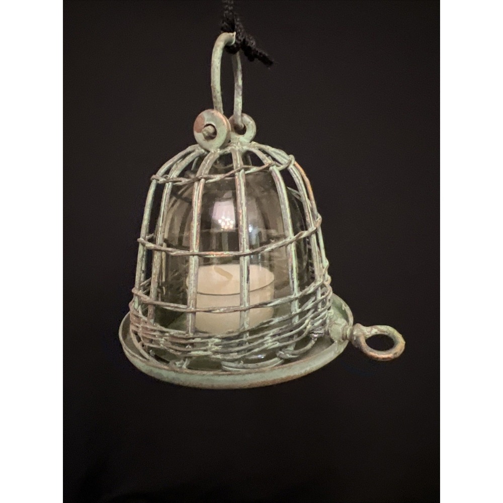 Vintage Hanging Wire Birdcage Style Votive Candle Holder Green Patina Glass